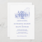 Invitation Maison coloniale bleue / Mansion / Manoir Mariage (Devant / Derrière)