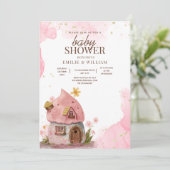 Invitation Maison de champignons roses Baby shower de bois (Debout devant)