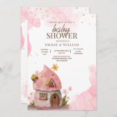 Invitation Maison de champignons roses Baby shower de bois (Devant / Derrière)