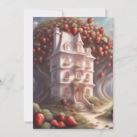 Invitation Maison de gâteau à la fraise et fête (Devant)