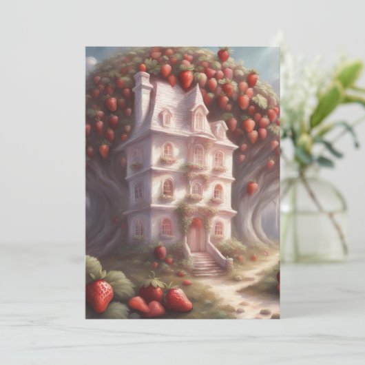 Invitation Maison de gâteau à la fraise et fête (Debout devant)