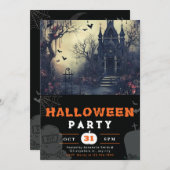 Invitation Maison déplaisante et chauves-souris Halloween noi (Devant / Derrière)