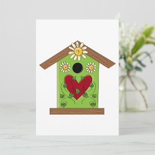 Invitation Maison d'oiseaux verte avec coeur et marguerites