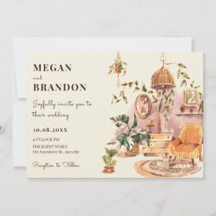 Invitation Maison en bois aquarelle intérieure plante mariage