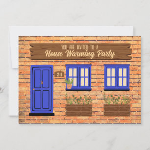Invitation Maison en brique avec Porte Bleue Maison Fête de R