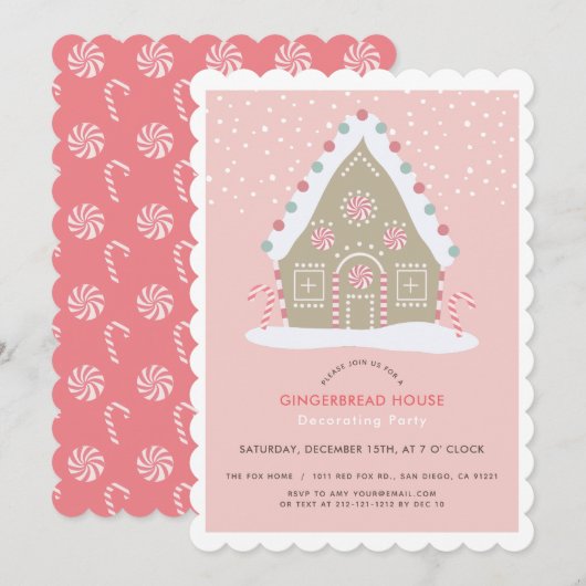 Invitation Maison en pain d'épice Décor Fête rose (Devant / Derrière)