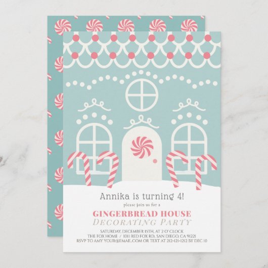Invitation Maison en pain d'épices bleu décorer fête d'annive (Devant / Derrière)