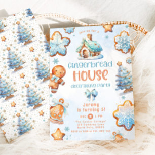 Invitation Maison en pain d'épices décorant fête bleu Anniver