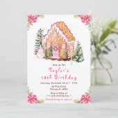 Invitation Maison en pain d'épices rose fête d'anniversaire (Debout devant)