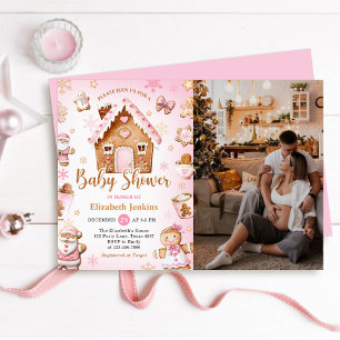Invitation Maison en pain d'épices rose pour photo de baby sh