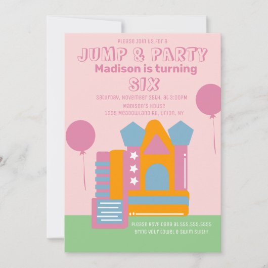 Invitation Maison Gonflable Rose Anniversaire Saut Fête (Devant)
