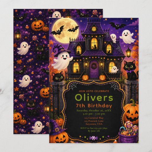 Invitation Maison Hantée Anniversaire Halloween (Devant / Derrière)