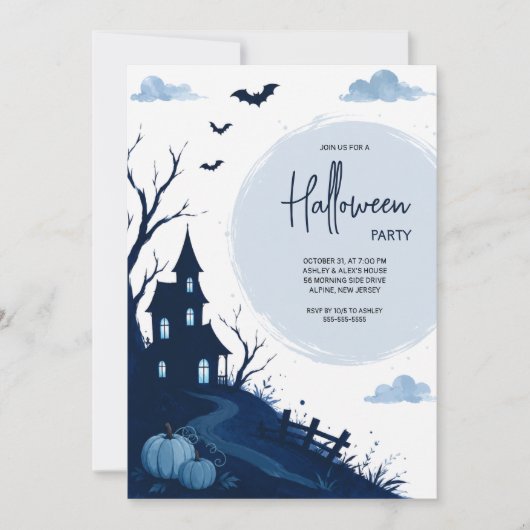 Invitation Maison Hantée Bleue Soirée Halloween (Devant)