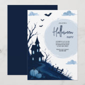 Invitation Maison Hantée Bleue Soirée Halloween (Devant / Derrière)
