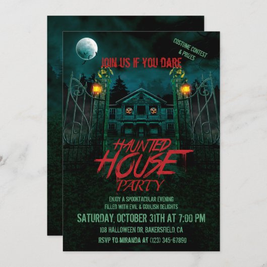 Invitation Maison Hantée Citrouilles Lune chauves-souris Hall (Devant / Derrière)