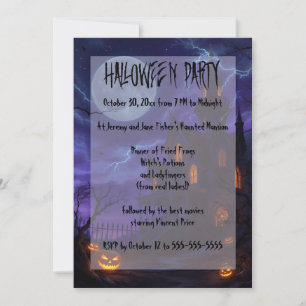 Invitation Maison hantée dans une fête d'Halloween de nuit or