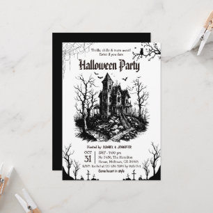 Invitation Maison hantée Halloween Party Noir Blanc Gothique