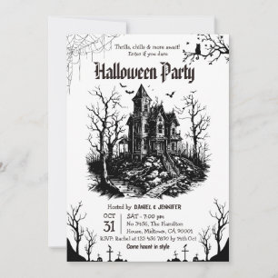 Invitation Maison hantée Halloween Party Noir Blanc Gothique