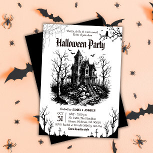 Invitation Maison hantée Halloween Party Noir Blanc Gothique