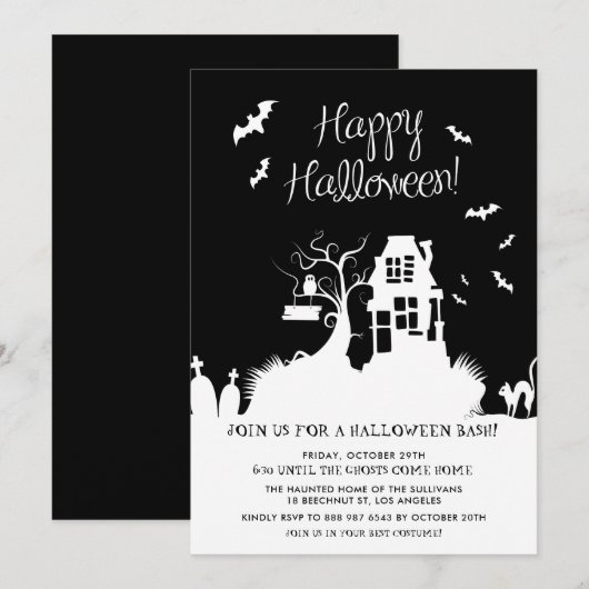 Invitation Maison hantée noire et blanche Fête d'Halloween (Devant / Derrière)