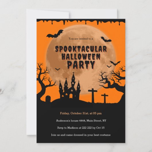 Invitation Maison hantée Orange Lune Halloween (Devant)
