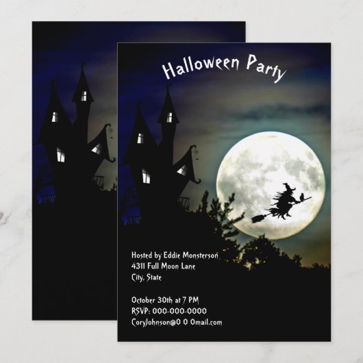 Invitation Maison hantée, Pleine lune, fête d'Halloween sorci (Devant / Derrière)
