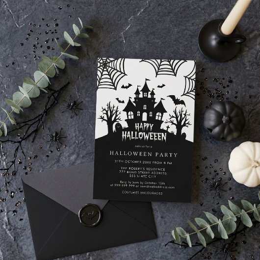 Invitation Maison Hantée Soirée Halloween Noir & Blanc Effray