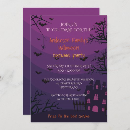 Invitation Maison hantée violette Halloween Costume Party (Devant / Derrière)