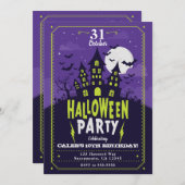 Invitation Maison hantée violette & verte fête d'Halloween (Devant / Derrière)