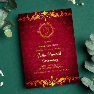 Invitation Maison hindou Réchauffement Griha Pravesh Golden G