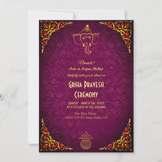 Invitation Maison hindou Réchauffement Griha Pravesh Golden M (Devant)