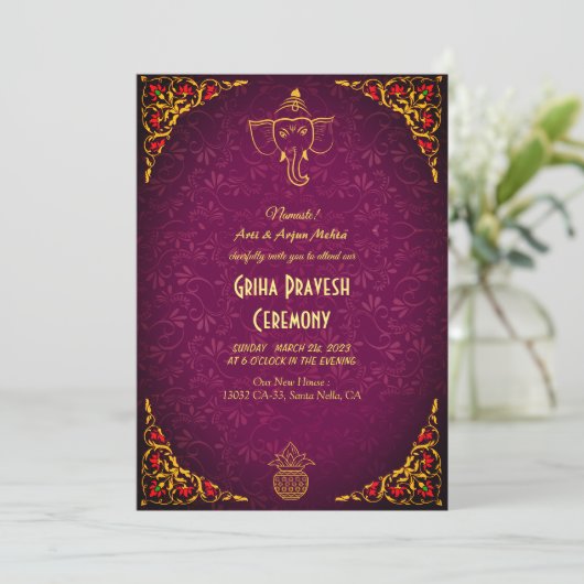 Invitation Maison hindou Réchauffement Griha Pravesh Golden M (Debout devant)