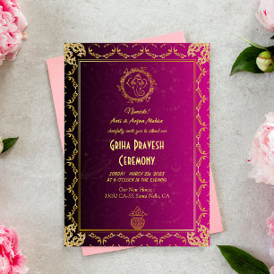 Invitation Maison hindou Réchauffement Griha Pravesh Rose dor