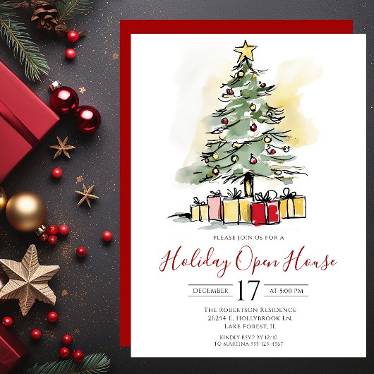 Invitation Maison ouverte à l'arbre de Noël moderne aquarelle