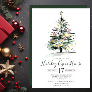 Invitation Maison ouverte arbre de Noël aquarelle commerciale
