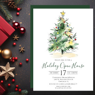 Invitation Maison ouverte arbre de Noël aquarelle commerciale