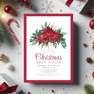 Invitation Maison ouverte de Noël au poinsettia rouge festif