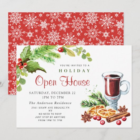 Invitation Maison Ouverte de Noël aux Baies de Houx Festives (Devant / Derrière)