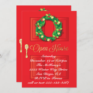 Invitation Maison ouverte de Noël de Porte Rouge avec couronn