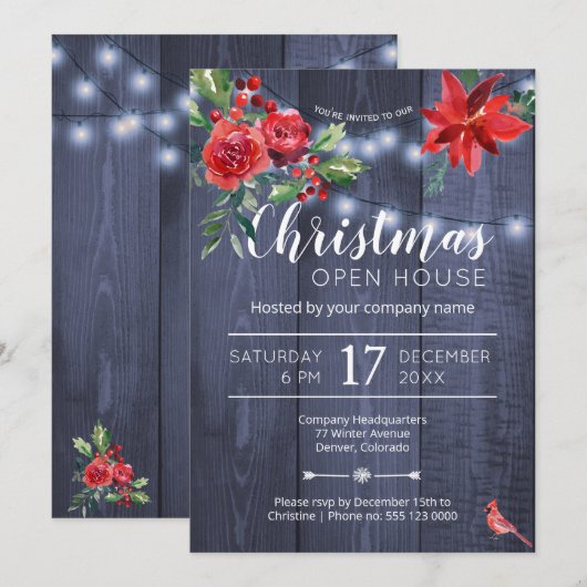 Invitation Maison ouverte de Noël d'entreprise Red poinsettia (Devant / Derrière)