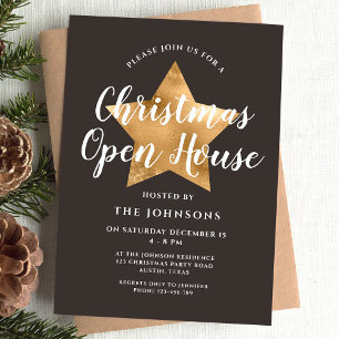 Invitation Maison ouverte de Noël étoile dorée marron élégant