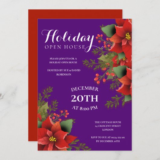 Invitation Maison ouverte de Noël Poinsettia pourpre (Devant / Derrière)