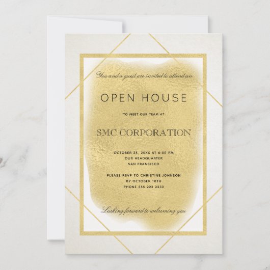 Invitation Maison ouverte d'entreprise en or blanc encadrée (Devant)