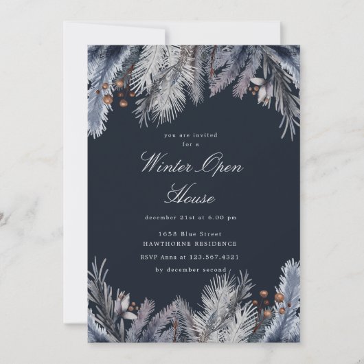 Invitation Maison ouverte d'hiver avec verdure bleue (Devant)