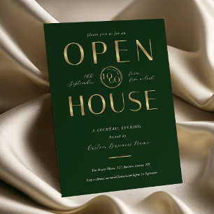 Invitation Maison Ouverte Élégante avec Logo Vert et Or