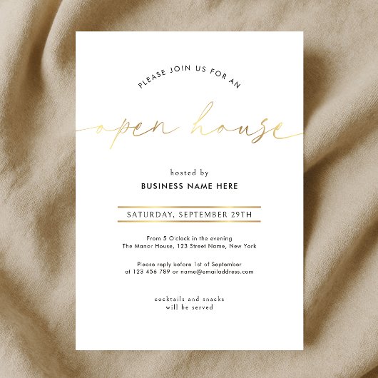 Invitation Maison ouverte élégante de faux or script