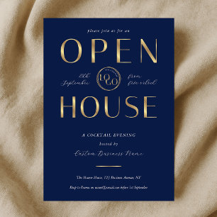Invitation Maison ouverte élégante Navy & Gold Logo Entrepris