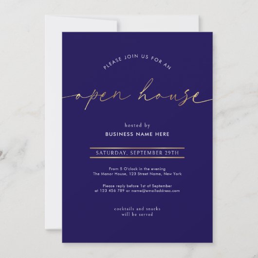 Invitation Maison ouverte élégante Navy & Or Script (Devant)