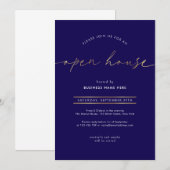 Invitation Maison ouverte élégante Navy & Or Script (Devant / Derrière)