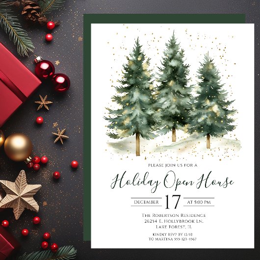 Invitation Maison ouverte pour les fêtes avec des arbres de p